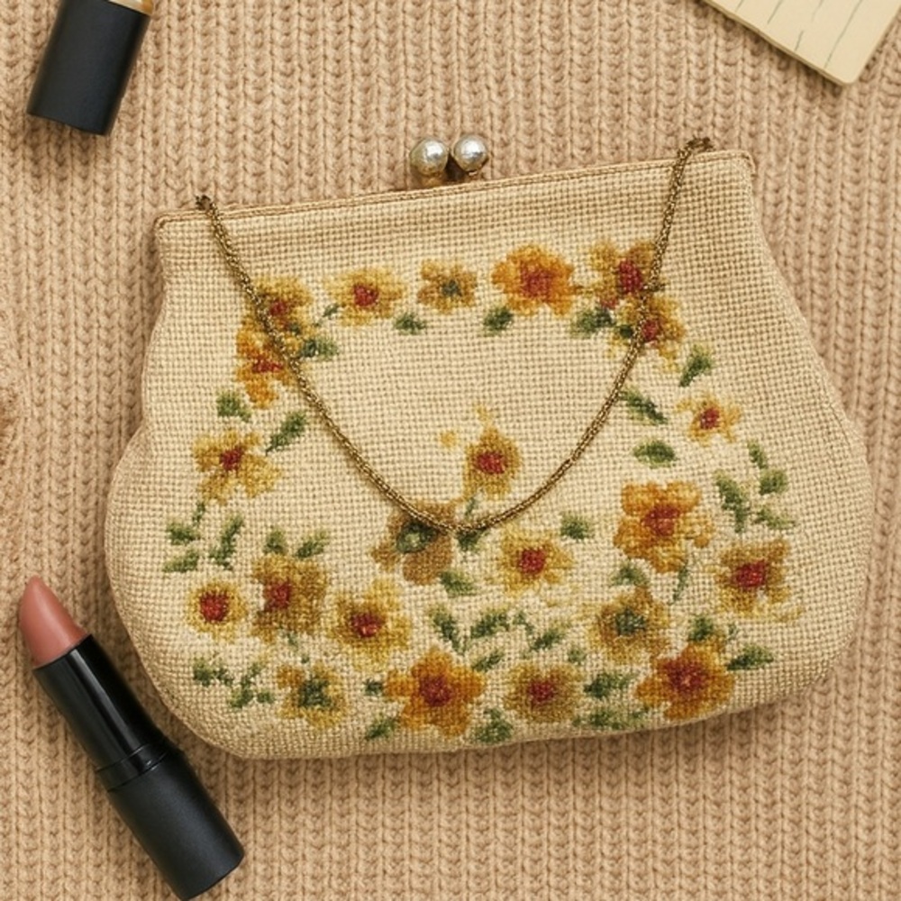 Christine Custom Bags Needlepoint Floral Clutch Women Vintage Cream Wool Gold OS